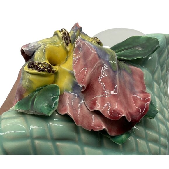 Handmade Ceramic Basket Bowl With Floral Handle Green With Lilies 10.5"x 5" - Picture 7 of 10